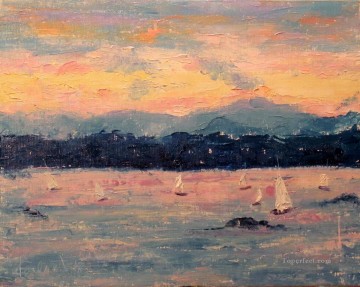 海の風景 Painting - カスケード近くの日没時のセーリング抽象的な海の風景